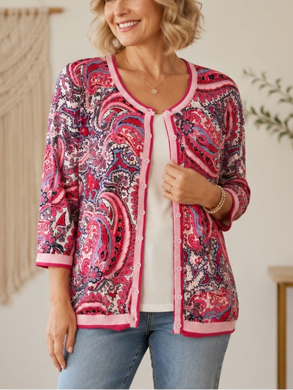 Talbots Plus Paisley Pink Blue Button Cardigan Cotton Rayon 3/4 Sleeve 1X